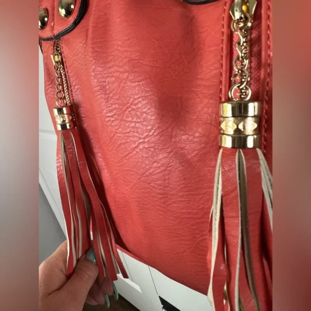 Coral Orange Vegan Leather Gold Studded Oversized Tote Bag With Adjustable Strap - Picture 7 of 16